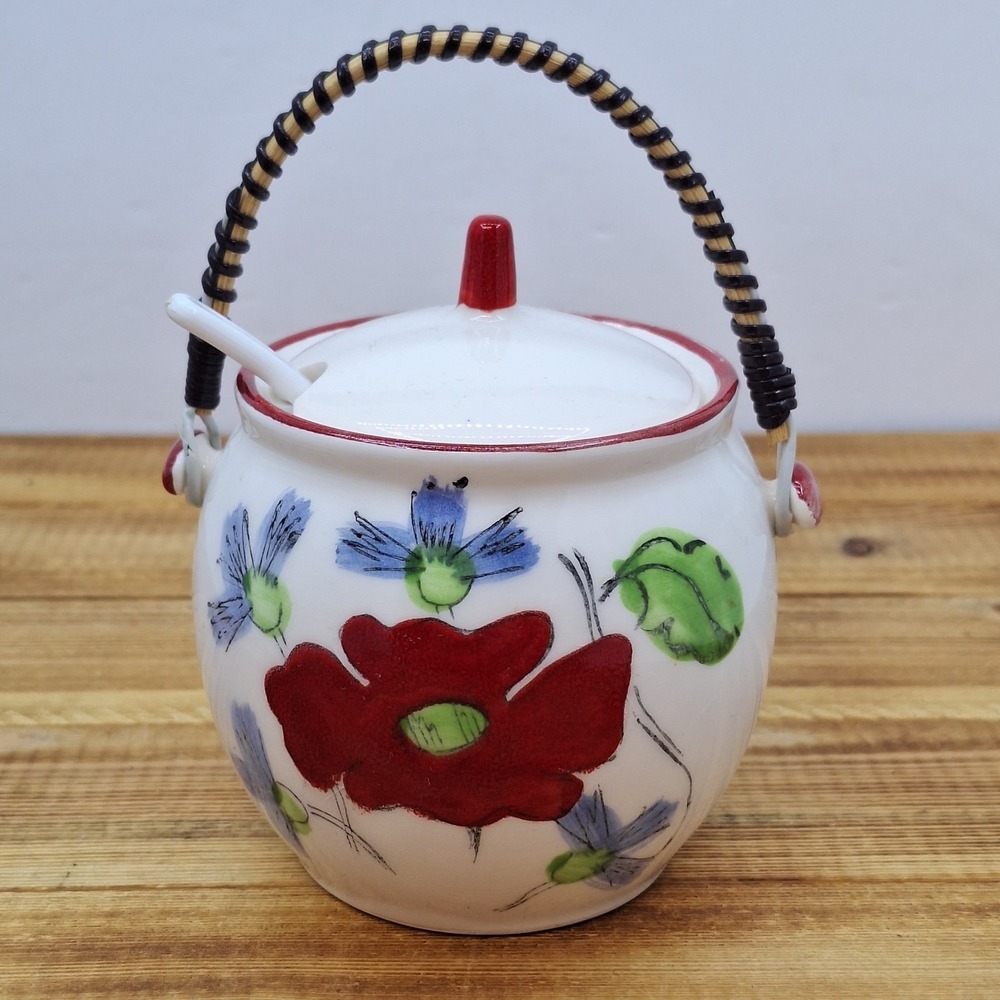 Vintage Floral‎ White sugar jelly or candy jar with wicker handle 3x4"
